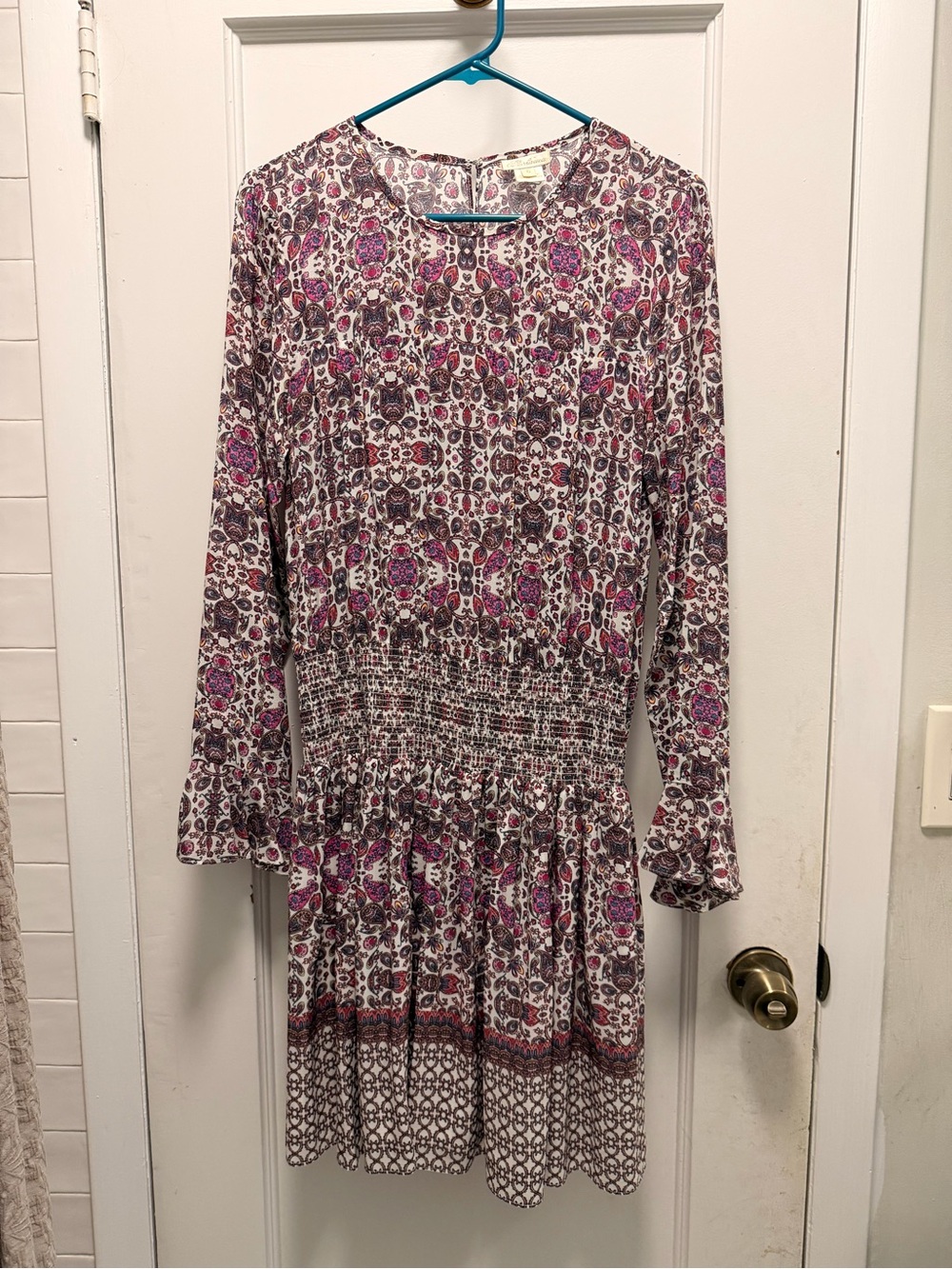 Shoshanna Pink and Purple Floral Smocked-Waist Long-Sleeve Dress